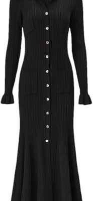 Women's Four-Season Solid Knit Dress Long Sleeve Button Down Casual Ankle Length