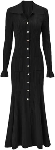Women's Four-Season Solid Knit Dress Long Sleeve Button Down Casual Ankle Length