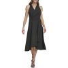 Women's Sleeveless V-Neck Buckle Belt Faux Wrap Midi Dress