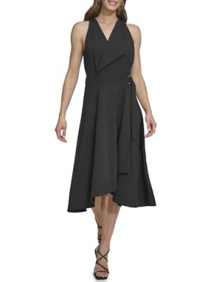 Women's Sleeveless V-Neck Buckle Belt Faux Wrap Midi Dress