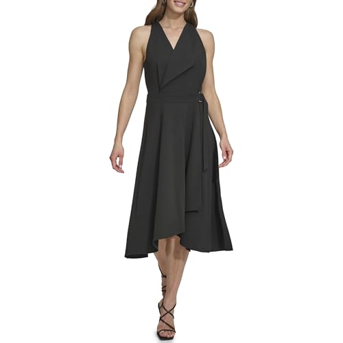 Women's Sleeveless V-Neck Buckle Belt Faux Wrap Midi Dress