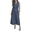 Womens Sleeveless Collared V-Neck Faux Denim Dress