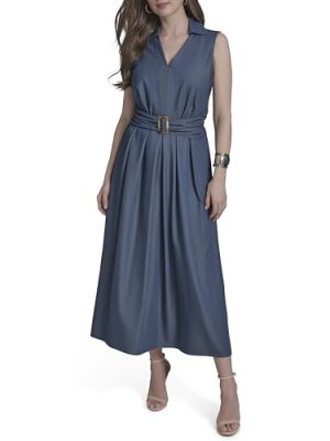 Womens Sleeveless Collared V-Neck Faux Denim Dress