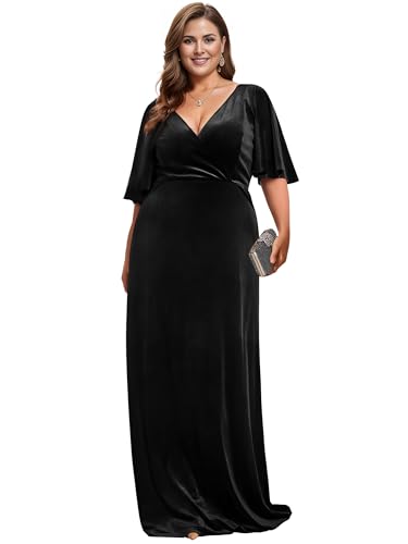 Women's Retro V-Neck Ruffles Sleeves A-line Velvet Maxi Winter Plus Size Formal Dress 00861-DA