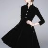 Women's Long Sleeves Velvet Button Up Swing Midi Dress with Pockets
