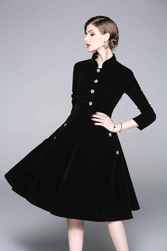Women's Long Sleeves Velvet Button Up Swing Midi Dress with Pockets