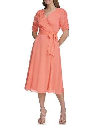 Womens 3/4 Sleeve Faux Wrap Dress