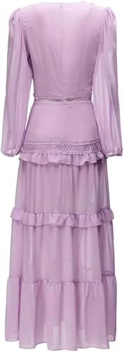 Women Lace V-Neck Ruffle Sleeve Slim Fit Long Dress Solid Color Long Sleeve Cocktail Dress