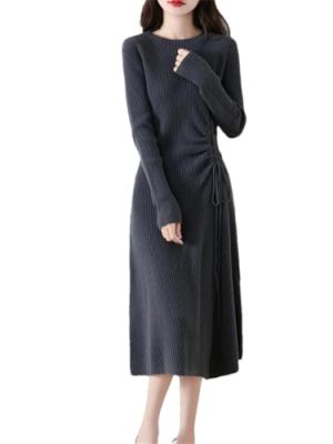 Women's Wool Dress Drawstring Style Pullover Fall Winter Cozy Slim Flare Cashmere Sweater A-Line Skirt