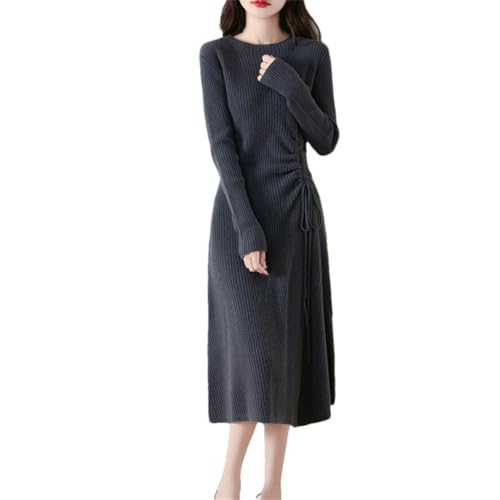 Women's Wool Dress Drawstring Style Pullover Fall Winter Cozy Slim Flare Cashmere Sweater A-Line Skirt