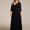 Women's Plus Size V-Neck Sparkle Sequins Chiffon 3/4 Sleevess Formal Dresses 0751-PZ