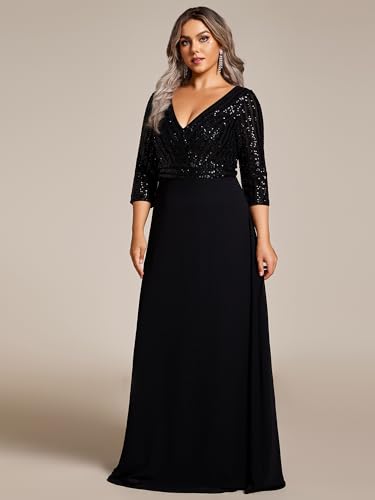 Women's Plus Size V-Neck Sparkle Sequins Chiffon 3/4 Sleevess Formal Dresses 0751-PZ