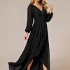 Women's Fall Elegant A Line V Neck Ruched High Low Long Sleeve Formal Wedding Guest Dresses 2043