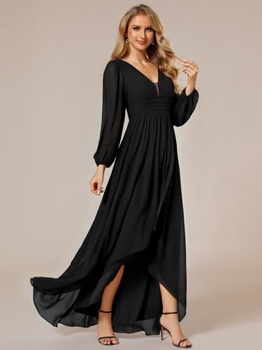 Women's Fall Elegant A Line V Neck Ruched High Low Long Sleeve Formal Wedding Guest Dresses 2043