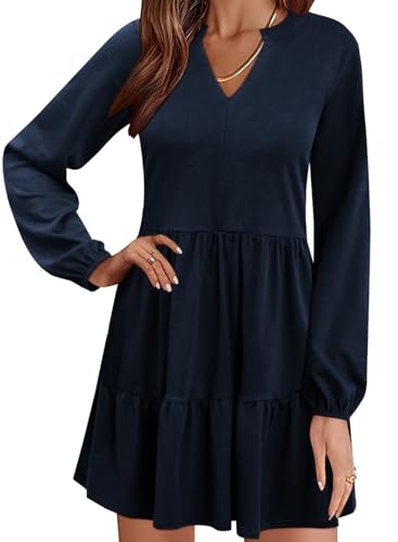 Women Fall Tunic Dress 2025 V Neck Casual Tiered Long Sleeve with Pockets A-Line Swing Mini Babydoll Dress