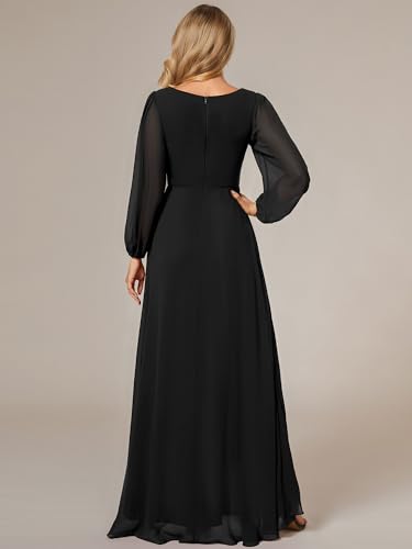Women's Fall Elegant A Line V Neck Ruched High Low Long Sleeve Formal Wedding Guest Dresses 2043