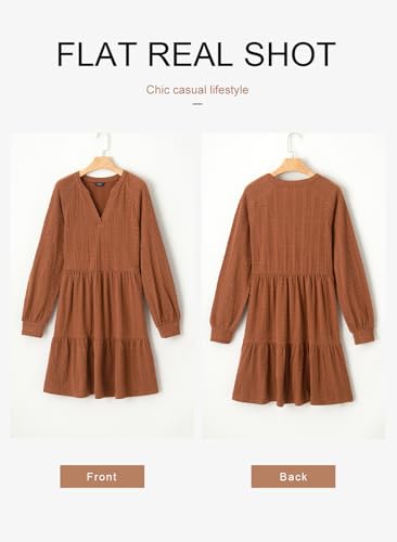 Fall Dresses for Women 2025 Long Sleeve V Neck Textured Casual Lightweight Tiered Ruffle A-Line Mini Babydoll Dress