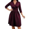 Women's Casual 3/4 Sleeve V-Neck A-Line Dress Cocktail Church Flare Swing Semi Formal Midi Fall Dresses with Pockets