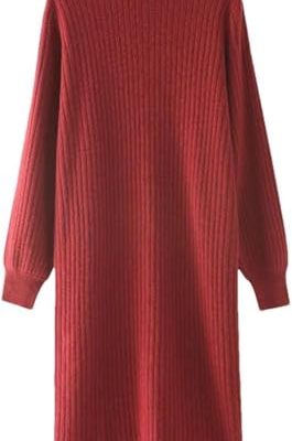 Women's Cashmere Knit Dress Half High Collar Slim Fit Loose Wool Sweater Dress