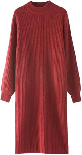 Women's Cashmere Knit Dress Half High Collar Slim Fit Loose Wool Sweater Dress
