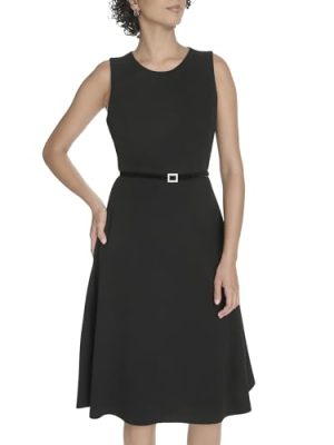 Women's Sleeveless Scuba Crepe Fit and Flare Midi Dress