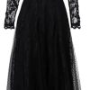 Women Long Solid Party Dress V-Neck Long Sleeve Mesh Dress Embroidery Elastic-Waist Dresses