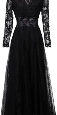 Women Long Solid Party Dress V-Neck Long Sleeve Mesh Dress Embroidery Elastic-Waist Dresses