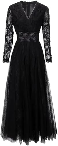 Women Long Solid Party Dress V-Neck Long Sleeve Mesh Dress Embroidery Elastic-Waist Dresses