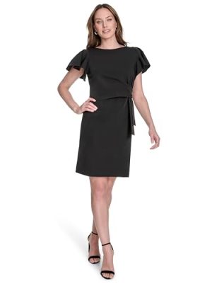 Women's Flounce Sleeve Side Drape Fully Lined Sheath Dress