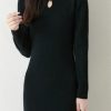 Women's Wool Button Stand Up Collar Split Knitted Bag Hip Dress for Fall Winter