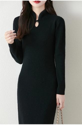 Women's Wool Button Stand Up Collar Split Knitted Bag Hip Dress for Fall Winter