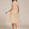 Women's Elegant A Line Embroidery Short Sleeves Midi Sequin Formal Cocktail Wedding Guest Dress 02230