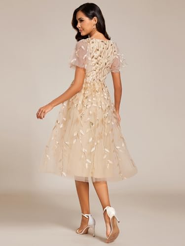 Women's Elegant A Line Embroidery Short Sleeves Midi Sequin Formal Cocktail Wedding Guest Dress 02230
