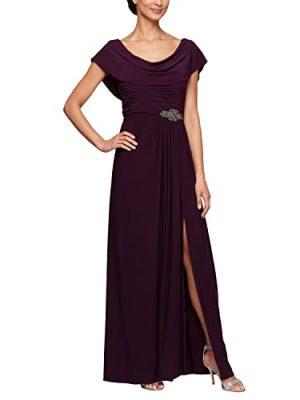 Womens Long Cowl Neckline Mother of The Bride Dress, Formal Event Gown (Petite and Regular Sizes)