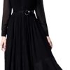 Women Embroidered Lapel Shirt Dress Lace-Up Long Sleeve Midi Dress(Black,X-L)