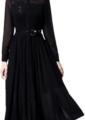 Women Embroidered Lapel Shirt Dress Lace-Up Long Sleeve Midi Dress(Black,X-L)