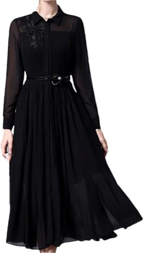 Women Embroidered Lapel Shirt Dress Lace-Up Long Sleeve Midi Dress(Black,X-L)