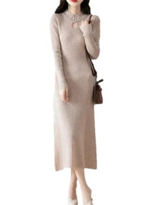 Women's Wool Knitted Cheongsam Chinese Style Long Sleeve Dress for Fall Winter