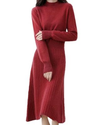 Women's Wool Mock Neck Pullover Dress Merino Wool Knit Slim A-Line Striped Long Sweater Dress