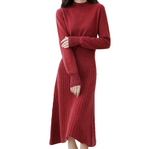 Women's Wool Mock Neck Pullover Dress Merino Wool Knit Slim A-Line Striped Long Sweater Dress