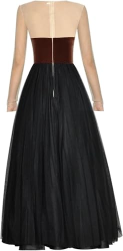Women Long Sleeve Patchwork Bow Velour Mesh Crewneck Party Dress