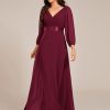 Women's Chiffon A-Line Floor Length V Neck Pleated Long Sleeves Evening Formal Dress 03890
