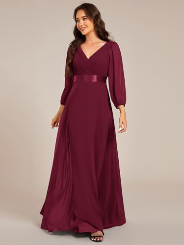 Women's Chiffon A-Line Floor Length V Neck Pleated Long Sleeves Evening Formal Dress 03890