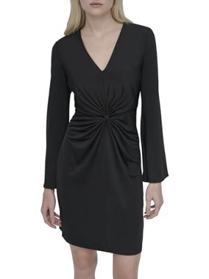 Women's Long Bell Sleeve V-Neck Twist Front Mini Dress
