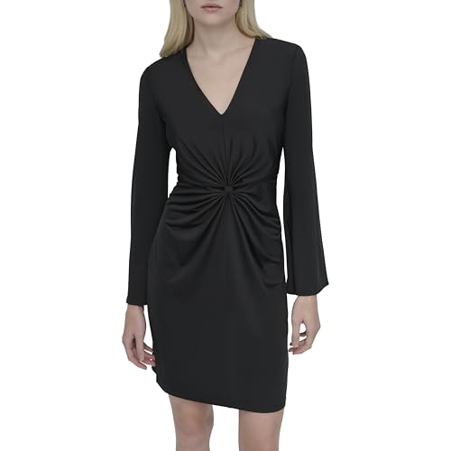 Women's Long Bell Sleeve V-Neck Twist Front Mini Dress