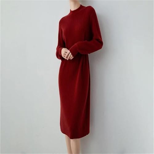 Women's Cashmere Knit Dress Half High Collar Slim Fit Loose Wool Sweater Dress