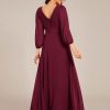 Women's Chiffon A-Line Floor Length V Neck Pleated Long Sleeves Evening Formal Dress 03890