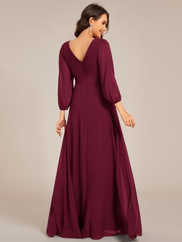 Women's Chiffon A-Line Floor Length V Neck Pleated Long Sleeves Evening Formal Dress 03890