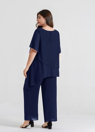 2025 Plus Size Mother of The Bride Pant Suits 2 Piece Chiffon Sets Ruffle Asymmetric Layers Wedding Guest Outfit