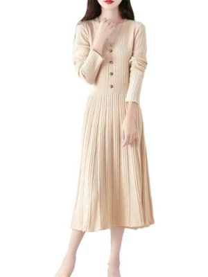 Women's Wool V-Neck Pullover Dress Comfortable Merino Wool Slim-Fit Flared A-Line Pleated Cashmere Sweater